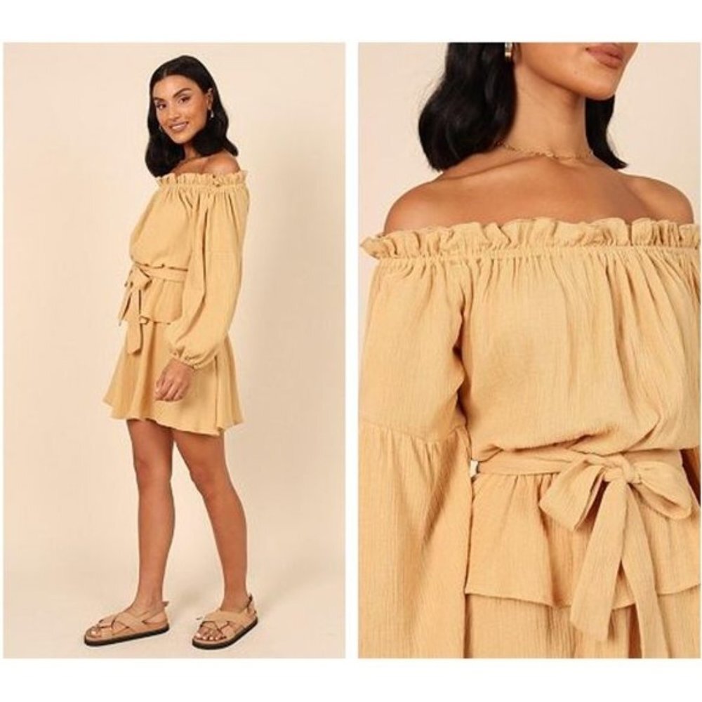 Petal & Pup NEW Callie Off the Shoulder Gauzy Ruffle Mini Dress Yellow Size L - Picture 2 of 11